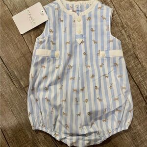 NWT Mayoral Baby Romper 4–6M Blue White Stripe Safari Animal Snap Back